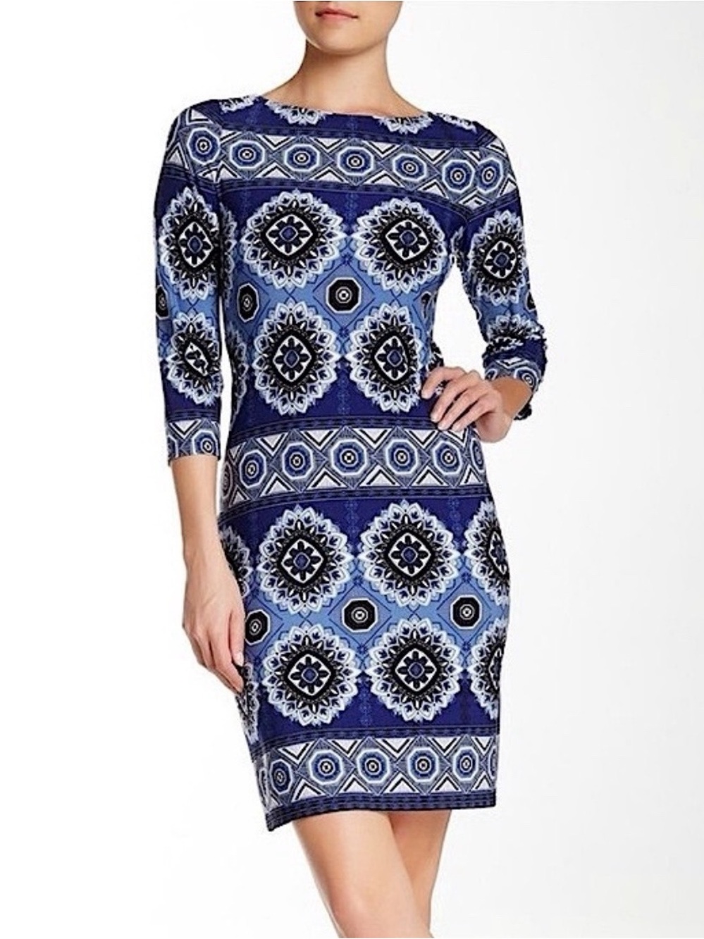 London Times Mod Style Blue Sheath Long Sleeve Midi Dress Size 6
